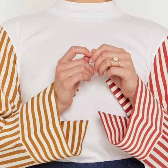 Destree Grayson White Cotton Top With Yellow Orange Striped Long Sleeves SZ S - Picture 2 of 12